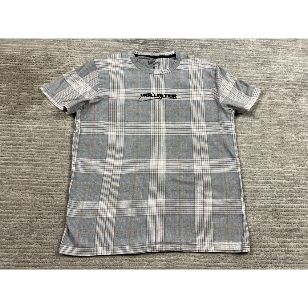 Hollister T-Shirt Mens M Grey Plaid Must-Have Collection Short Sleeve Logo